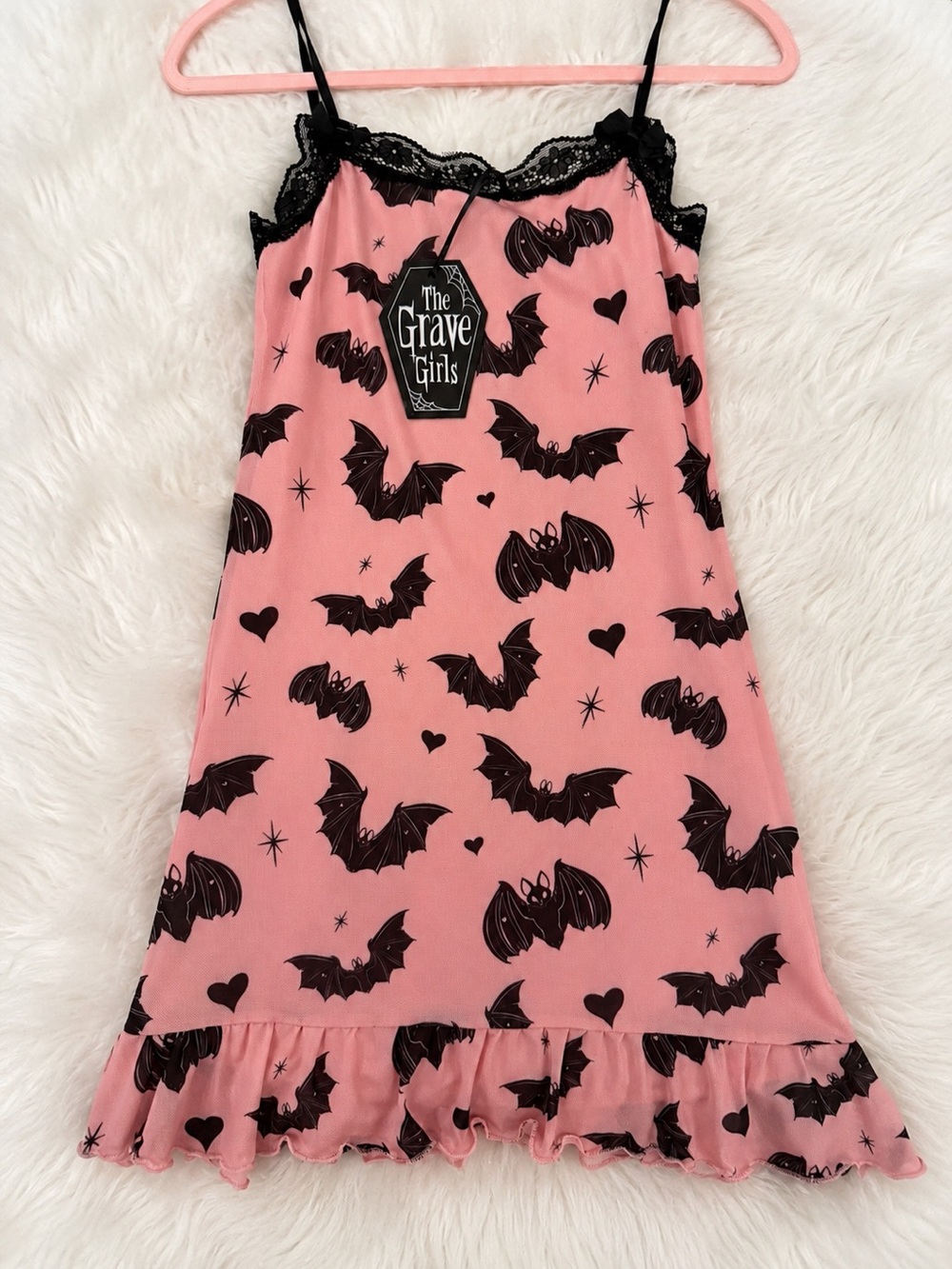 Dolls Kill Pink Bat-Print Lace Trim Mini Dress